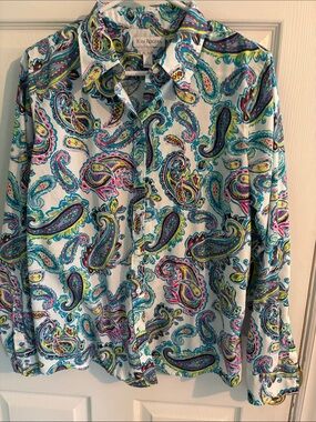 Kim Rogers White Paisley Button-Down Shirt with Teal, Pink, Yellow Accents